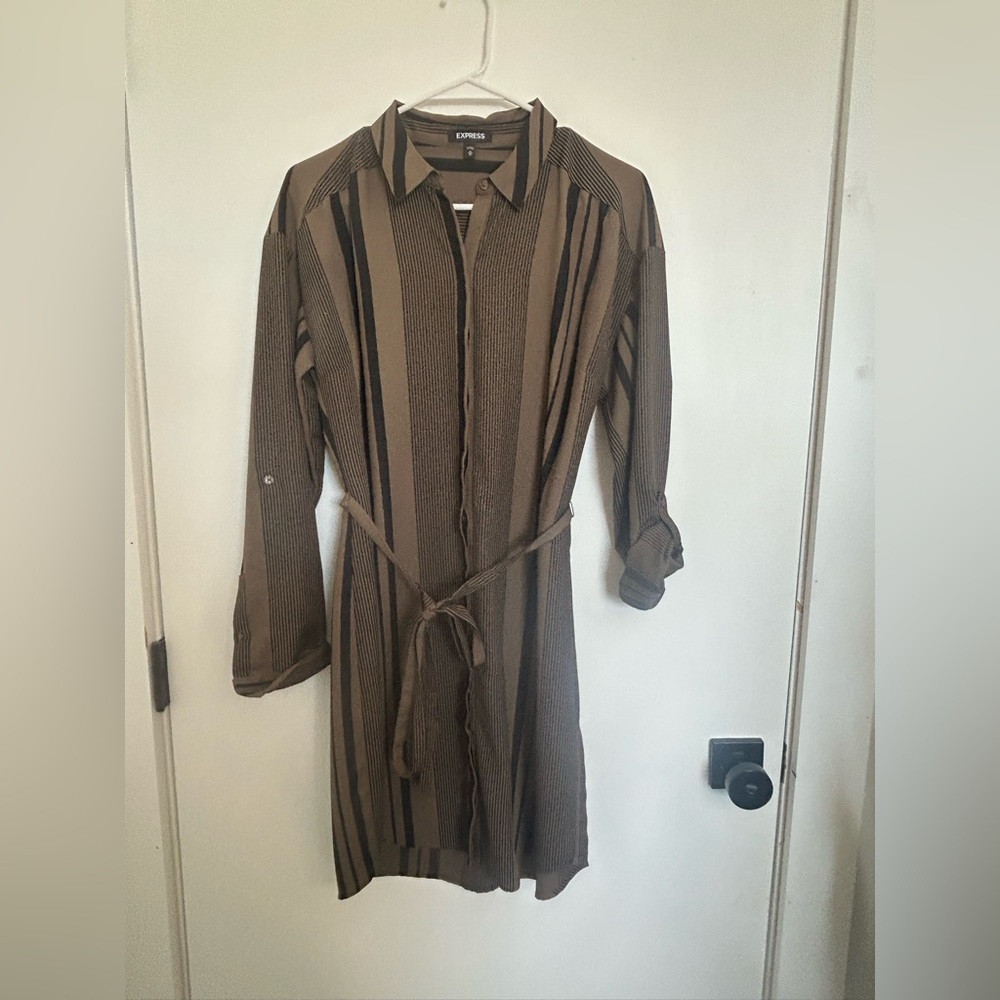 Express Tan and Black Striped Long Sleeve Dress